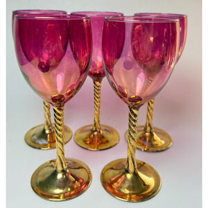 Vintage Cranberry Luster Wine Glasses Bohemian Gold Gilded Twisted Stem Set of 5
